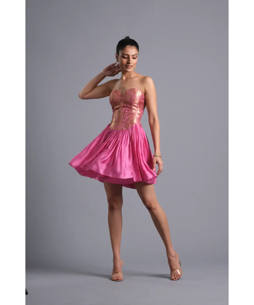 AASTHA SOOD - Bubblegum pink Brocade Corset Dress